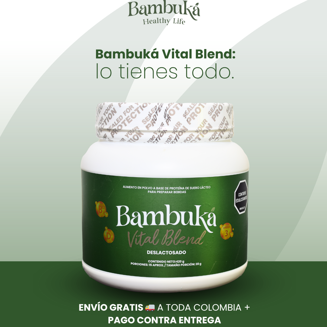 Tarro de Bambuká Vital Blend de 420 gramos, suplemento en polvo a base de proteína de suero deslactosado, proteínas del huevo, vitaminas y omega 3, envió gratis a toda Colombia